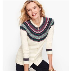 TALBOTS sz Medium Petite Cardigan Sweater Fair Isle Trim Cotton Cashmere Cream +